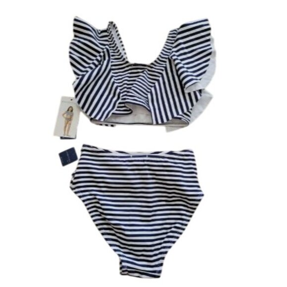 Girls Striped Ruffle Two-Piece Swimsuit By Habitual Size 10 Blue & White $52 NWT - Picture 2 of 7